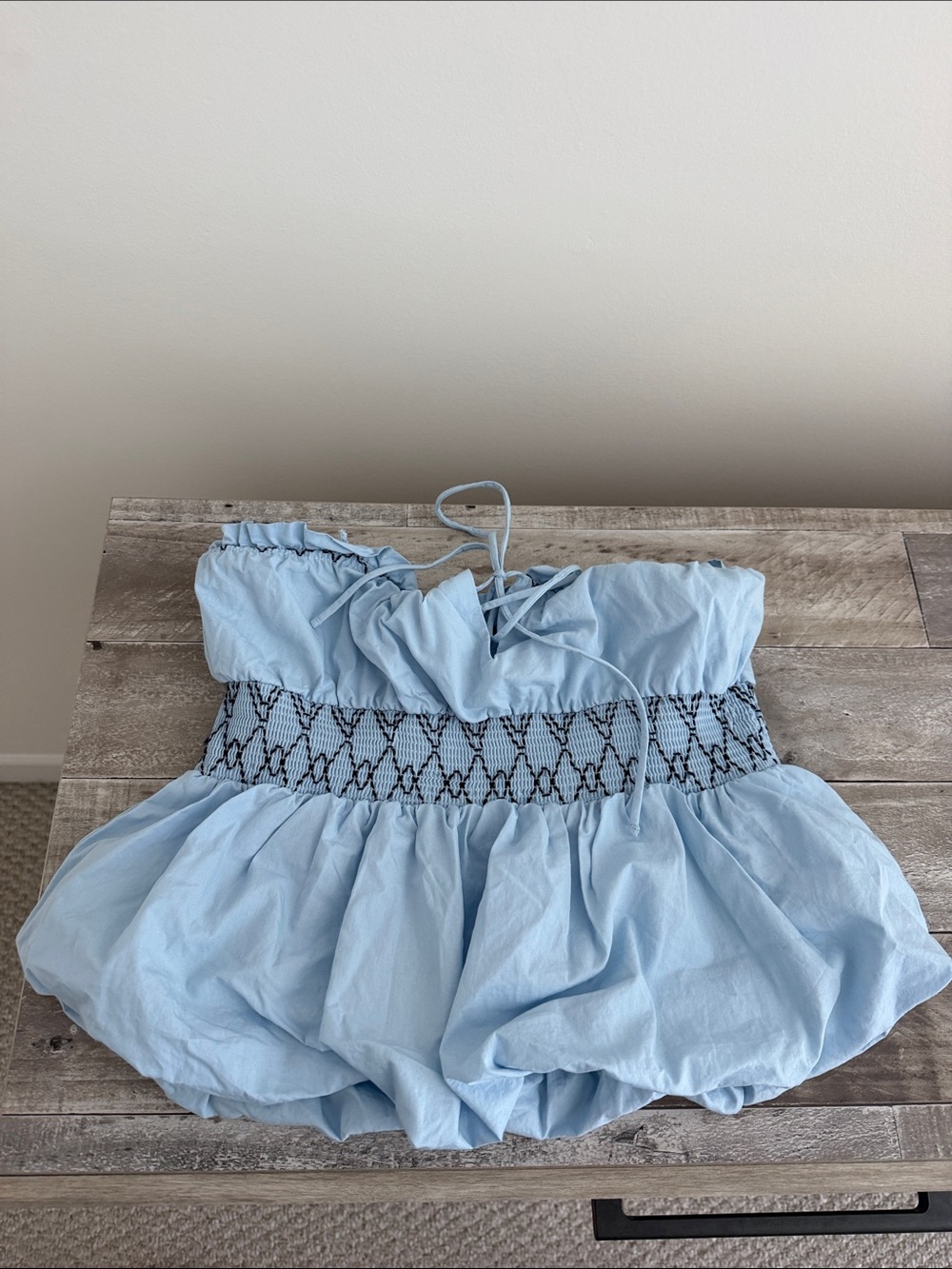 Zara Light Blue Smocked Strapless Peplum Top